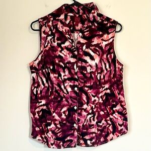 212 Collection Pink and Black Patterned Button Up Sleeveless Blouse - Large